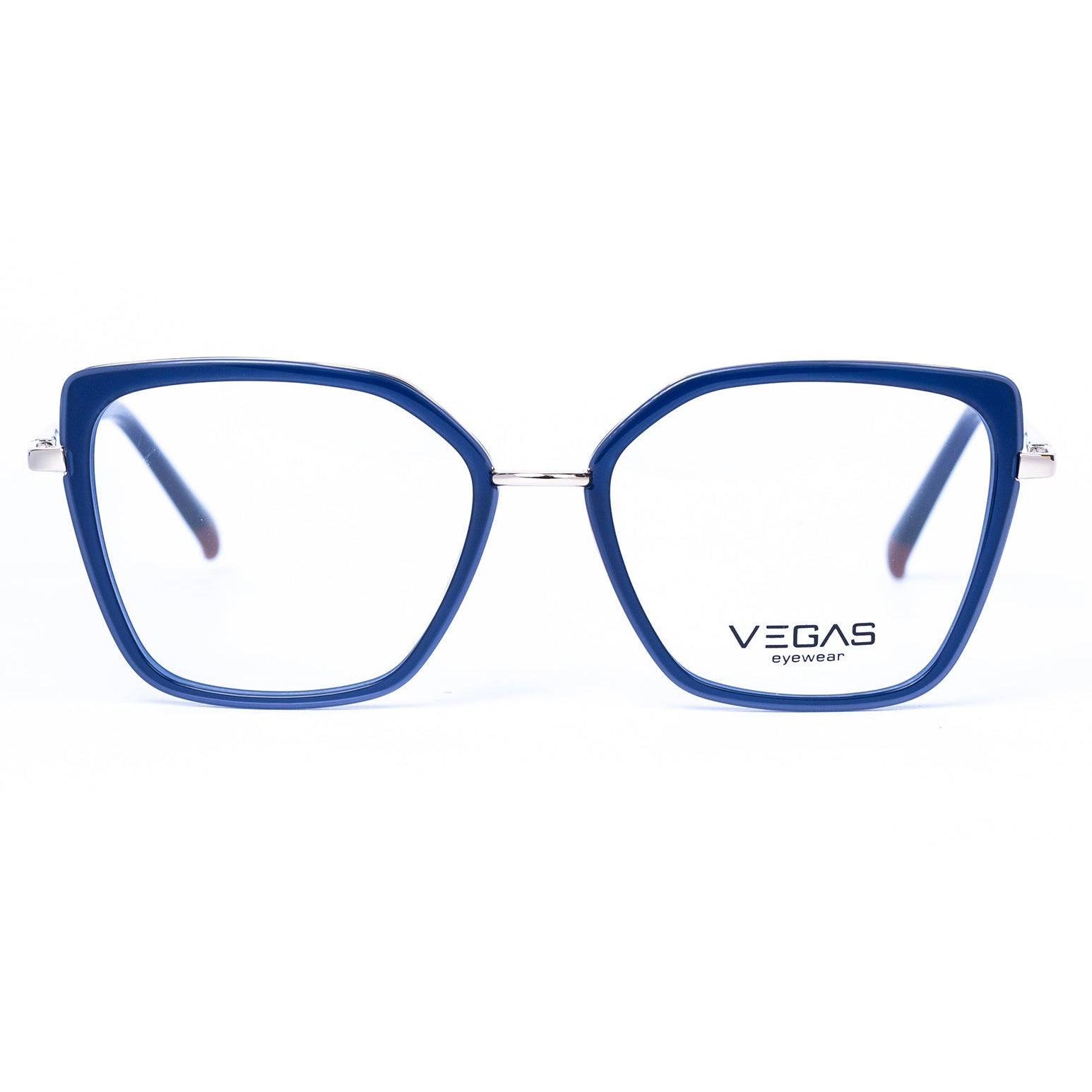 Blue cat-eye glasses with 'VEGAS' branding on a white background