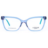 Blue and purple eyeglasses with 'VEGAS' branding on a white background