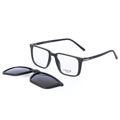 A pair of VEGAS branded eyeglasses with clip-on polarized sunglasses attached to the frame.