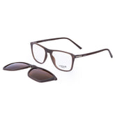 Brown eyeglasses with clip-on sunglasses on a white background