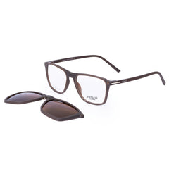 Brown eyeglasses with clip-on sunglasses on a white background