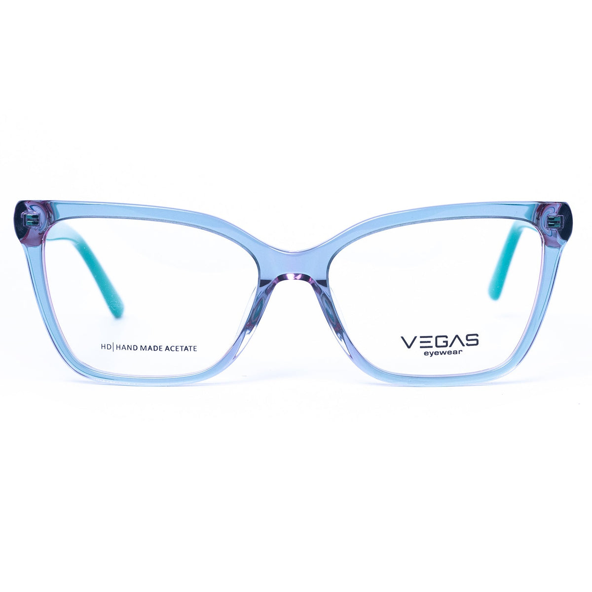 Blue and purple eyeglasses with 'VEGAS' branding on a white background
