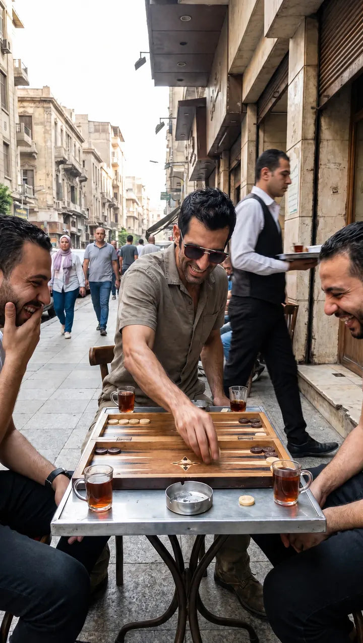Noon: A game of backgammon at the café